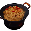 Iron Pot With Delicious Stewed Meat And Vegetables Garnished With Red Ingredients