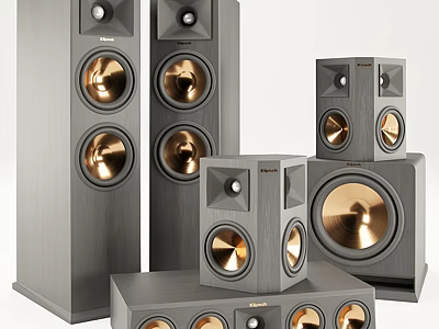 Gray Wooden Home Audio Speakers With Gold Woofer Units Including Floorstanding Bookshelf And Subwoofer 3d model