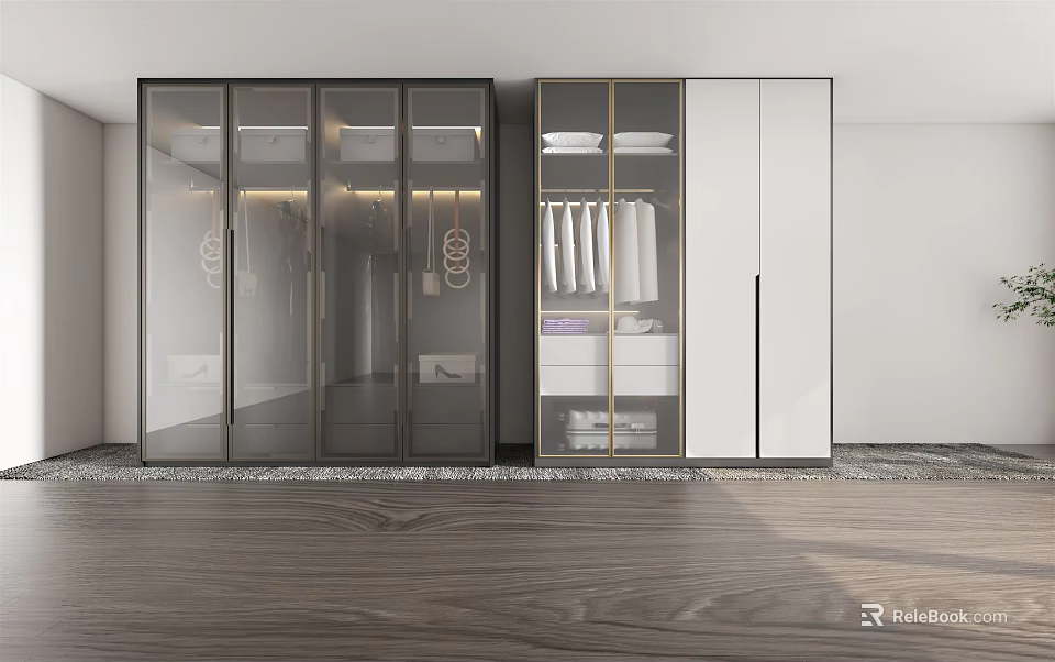 Modern Wardrobe Design With Glass Doors White Panels Hanging Clothes Section And Drawers 3d model 
