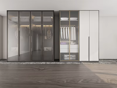 Modern Wardrobe Design With Glass Doors White Panels Hanging Clothes Section And Drawers 3d model