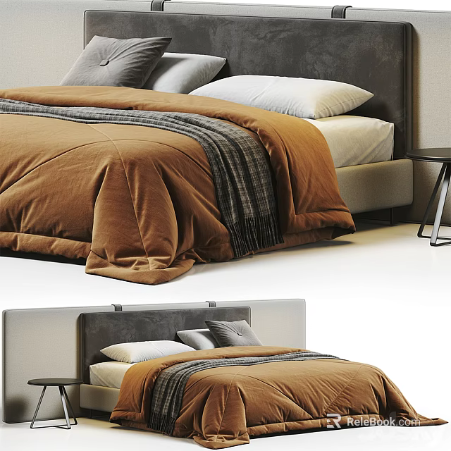 Double Bed Interior Design With Brown Blanket Gray Headboard And Gray White Pillows 3d model 