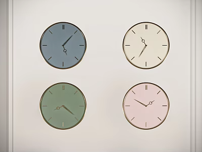 Four Decorative Wall Mounted Clocks in Different Colors for Home Decor 3d model