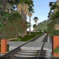 Railway Track And Stone Paved Road With Palm Trees Red Flowers Orange Pillars And Shrubs