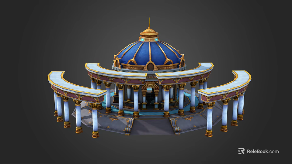 Cartoon Scene of Ornate Building with Blue Dome Golden Decorations and White Columns 3d model 