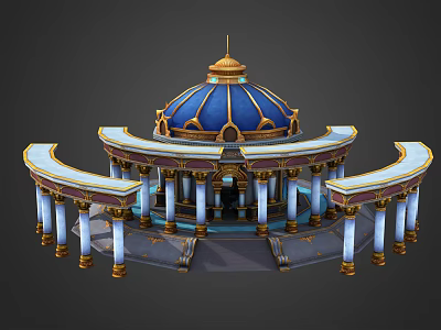 Cartoon Scene of Ornate Building with Blue Dome Golden Decorations and White Columns 3d model