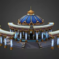 Cartoon Scene of Ornate Building with Blue Dome Golden Decorations and White Columns
