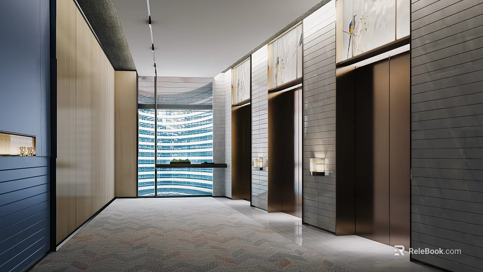 Modern Elevator Lobby With Wall Art Lamps Carpet And Large Windows 3d model