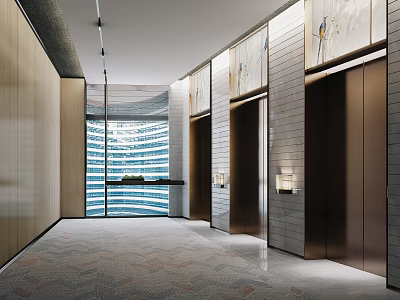 Modern Elevator Lobby With Wall Art Lamps Carpet And Large Windows 3d model