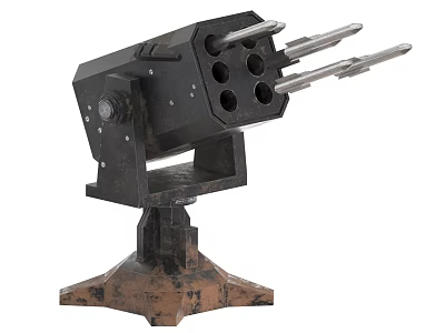 Black Multi Barrel Weapon with Four Barrels Mounted on Rusted Metal Base 3d model