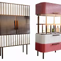 Elegant Modern Sideboard With Striped Panels Glass Shelves And Metal Frame