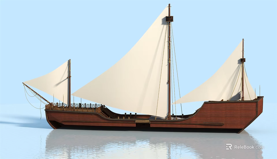 Vintage Wooden Ship With White Sails Sailing On Calm Blue Water 3d model 