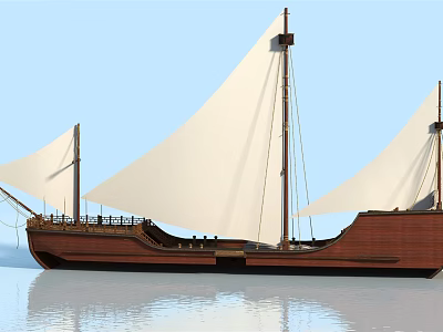 Vintage Wooden Ship With White Sails Sailing On Calm Blue Water 3d model