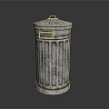 Rustic Metal Trash Can With Striped Design Lid And Cylindrical Reflective Base 3d model