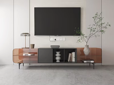 Modern TV Stand With Wall Mounted TV Potted Plant Books And Decorative Items 3d model