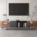 Modern TV Stand With Wall Mounted TV Potted Plant Books And Decorative Items