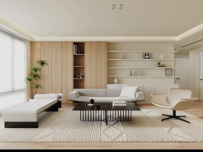 Modern Living Room Interior With Wooden Wall Shelves White Sofa Coffee Table And Plant 3d model