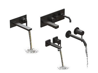 Collection of Black Wall Mounted Faucets with Various Designs and Flowing Water 3d model