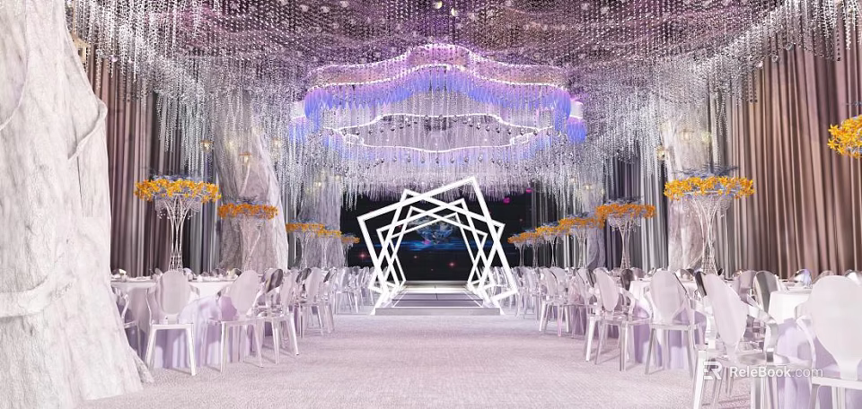 Luxurious Banquet Hall With Crystal Chandeliers White Chairs And Elegant Stage Lighting Design 3d model 