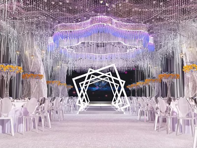 Luxurious Banquet Hall With Crystal Chandeliers White Chairs And Elegant Stage Lighting Design 3d model