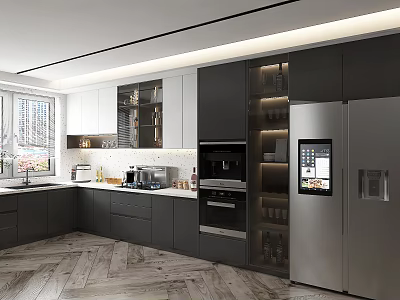 Modern Kitchen Interior With Dark And White Cabinets And Stainless Steel Appliances Countertop 3d model