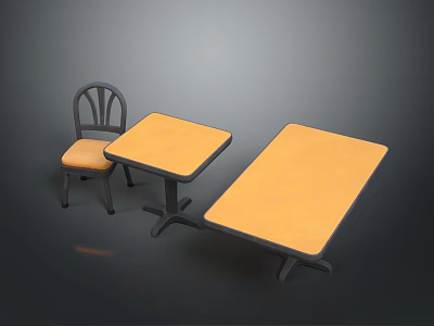 Simple two dining tables with yellow tabletops and chair with yellow cushion on grey background 3d model