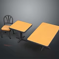 Simple two dining tables with yellow tabletops and chair with yellow cushion on grey background
