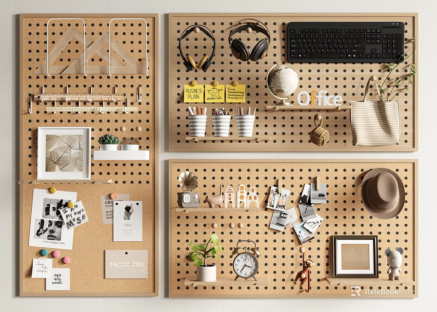 Wooden Pegboard Wall Decor With Headphones Keyboard Cups Photo Frames And Plants 3d model 