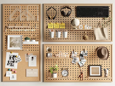 Wooden Pegboard Wall Decor With Headphones Keyboard Cups Photo Frames And Plants 3d model