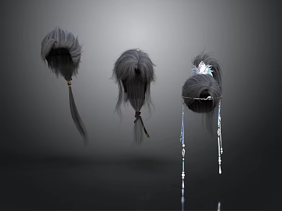 Three Stylish Gray Feather Decorative Hair Accessories With Tassels And Pendants 3d model