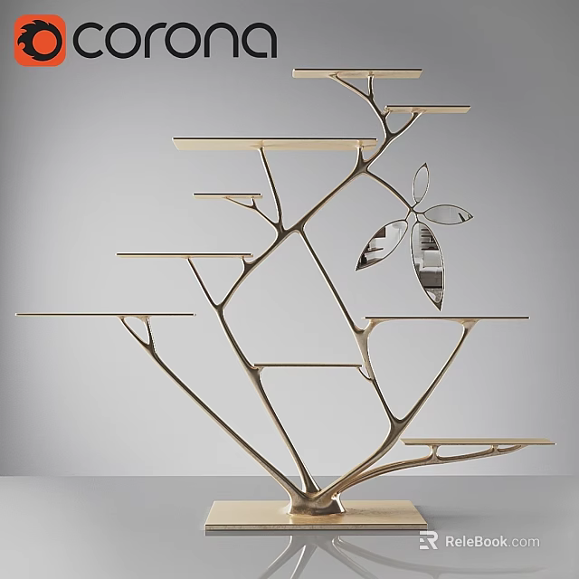 Modern Tree Shaped Multi Tiered Shelf With Branch Structure And Metal Leaf Decoration 3d model 