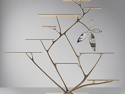 Modern Tree Shaped Multi Tiered Shelf With Branch Structure And Metal Leaf Decoration 3d model