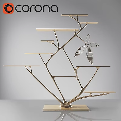Modern Tree Shaped Multi Tiered Shelf With Branch Structure And Metal Leaf Decoration 3d model