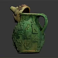 Green Ceramic Pitcher with Decorative Head Mane Relief Carvings Spout and Handle