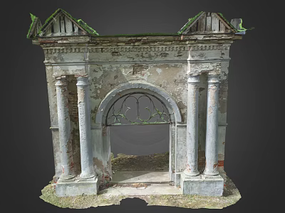 Classical Style Weathered Stone Entrance Gate with Columns Arched Doorway and Green Roof 3d model