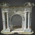 Classical Style Weathered Stone Entrance Gate with Columns Arched Doorway and Green Roof