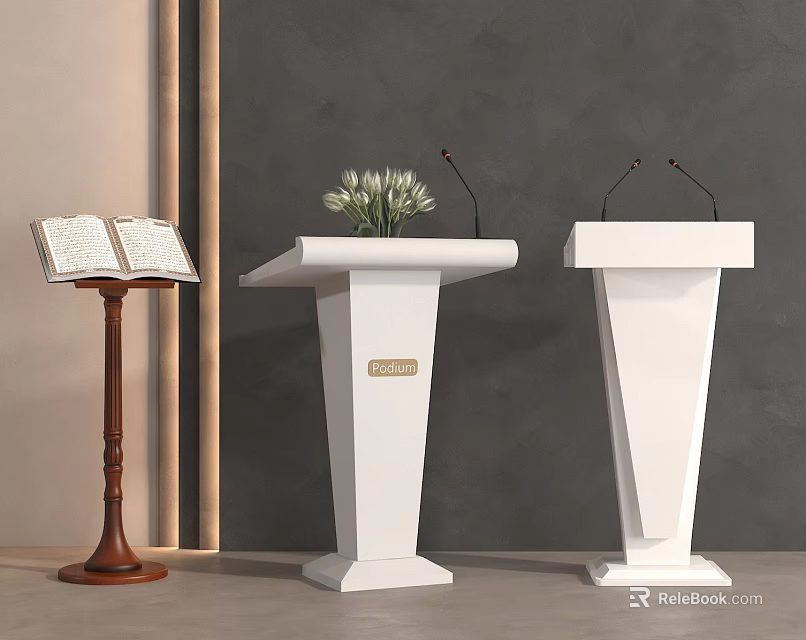 Wooden Lectern With Open Book And Modern White Podiums With Flowers Microphones 3d model 