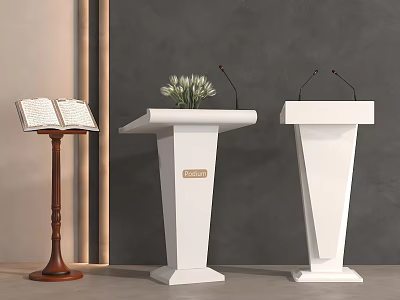 Wooden Lectern With Open Book And Modern White Podiums With Flowers Microphones 3d model