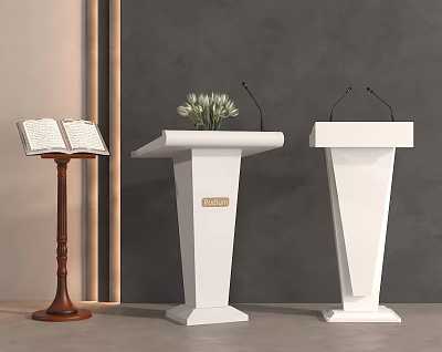 Wooden Lectern With Open Book And Modern White Podiums With Flowers Microphones 3d model
