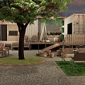 Garden Landscape With Wooden Triangle Tents Lush Green Lawn And Outdoor Seating Areas