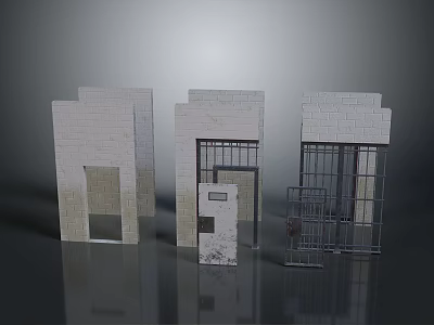 Three Architectural Wall Structure Models With Door Window And Metal Railings Design 3d model