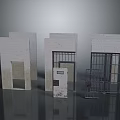 Three Architectural Wall Structure Models With Door Window And Metal Railings Design