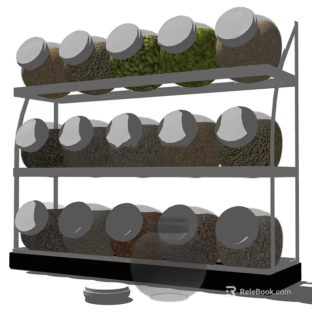 Neatly Arranged Spice Jars On Multi Tiered Kitchen Storage Rack With Various Spices 3d model 