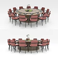 Elegant Round Dining Table Set With Pink Chairs And Decorative Plant 3d model