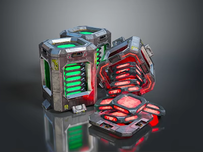 Sci Fi Mechanical Devices With Green And Red Illuminated Panels And Metallic Frames 3d model