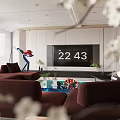 Modern Living Room Interior With Red Sofas Blue Glass Coffee Table Rug And Decorative Plants