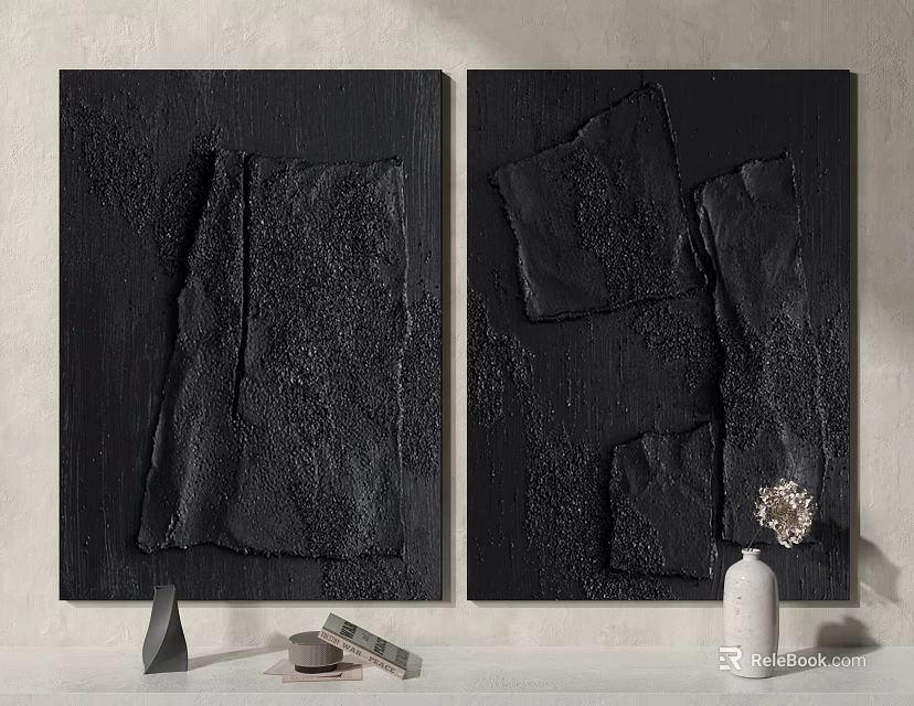 Black Textured Abstract Paintings As Wall Decor With Vase And Objects 3d model