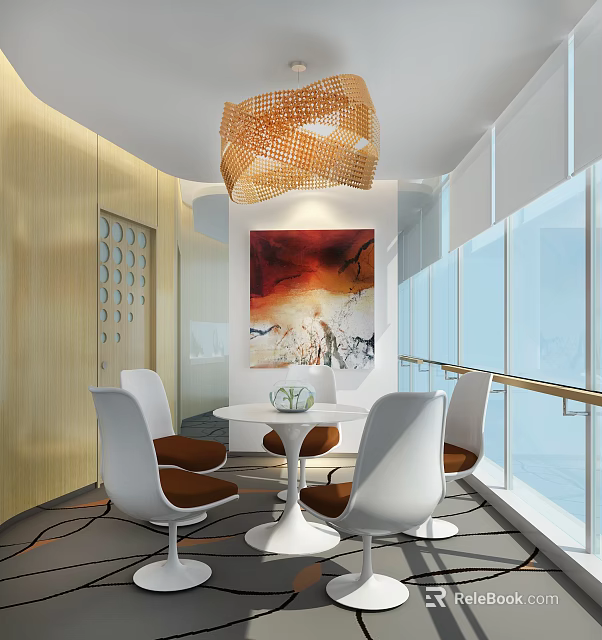 Modern Lounge Area Interior With Round Table White Chairs Pendant Light And Abstract Painting 3d model 