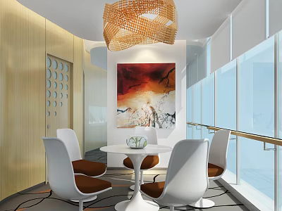 Modern Lounge Area Interior With Round Table White Chairs Pendant Light And Abstract Painting 3d model
