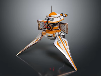 Futuristic Orange And White Mechanical Weapon With Three Legged Base Cannon And Antenna 3d model