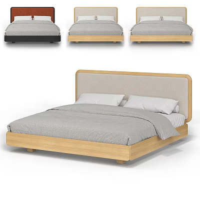 Modern Double Bed With Upholstered Headboard Wooden Frame And White Bedding Set 3d model